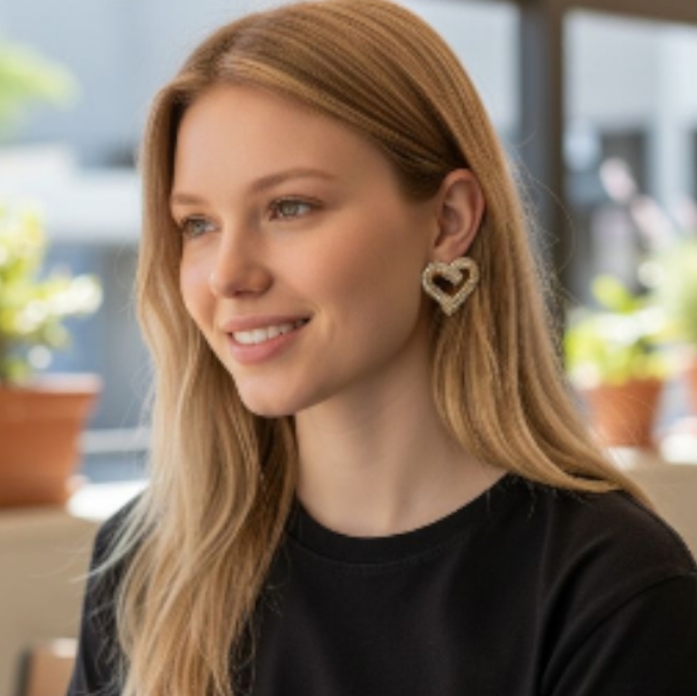 18k Gold Plated Romantic Oversized Zircon Crystal Heart Earrings - Picture 5 of 5